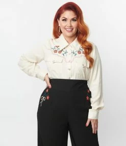 Unique Vintage Plus Size Cream & Embroidered Floral Yoke Blouse