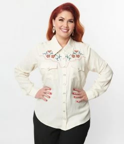 Unique Vintage Plus Size Cream & Embroidered Floral Yoke Blouse