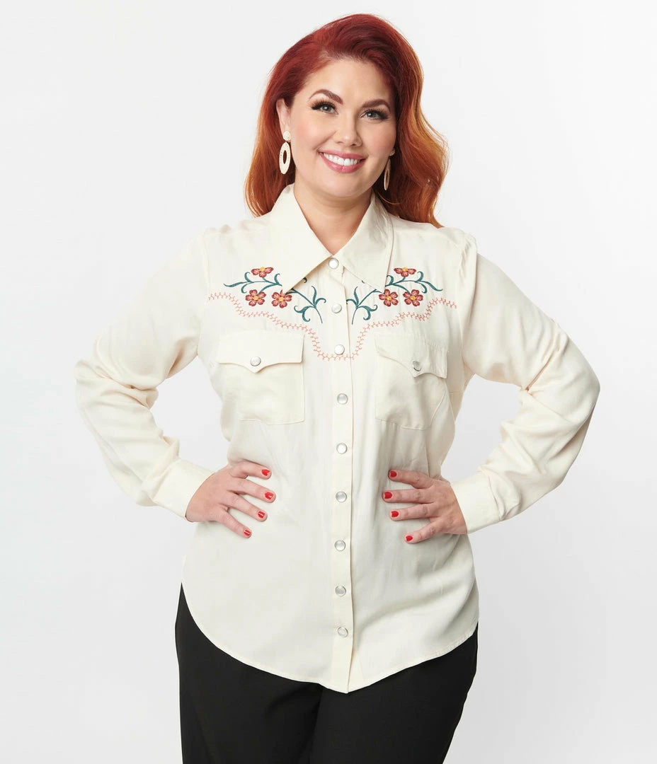 Unique Vintage Plus Size Cream & Embroidered Floral Yoke Blouse