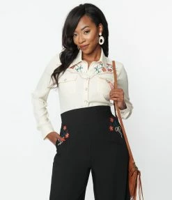 Unique Vintage Cream & Embroidered Floral Yoke Blouse Clothing
