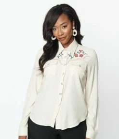 Unique Vintage Cream & Embroidered Floral Yoke Blouse Clothing