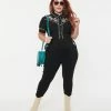 Clothing Unique Vintage Plus Size Black & Embroidered Floral Short Sleeve Jumpsuit