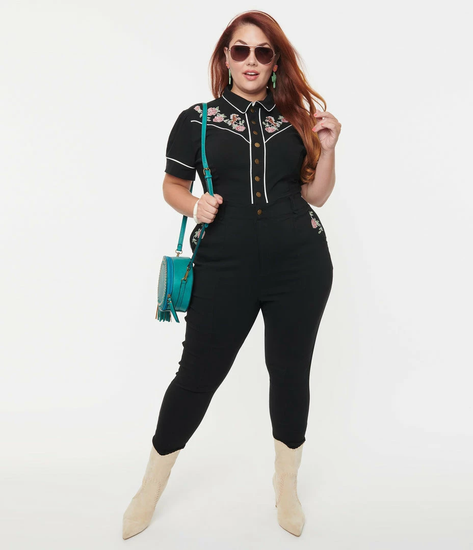 Clothing Unique Vintage Plus Size Black & Embroidered Floral Short Sleeve Jumpsuit