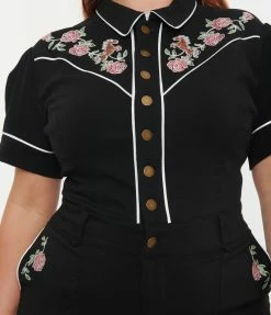 Clothing Unique Vintage Plus Size Black & Embroidered Floral Short Sleeve Jumpsuit