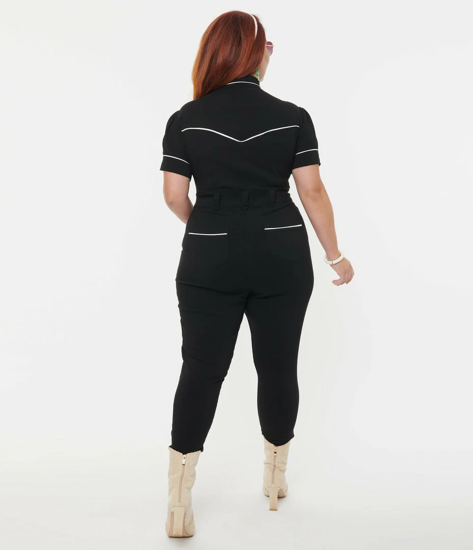 Clothing Unique Vintage Plus Size Black & Embroidered Floral Short Sleeve Jumpsuit