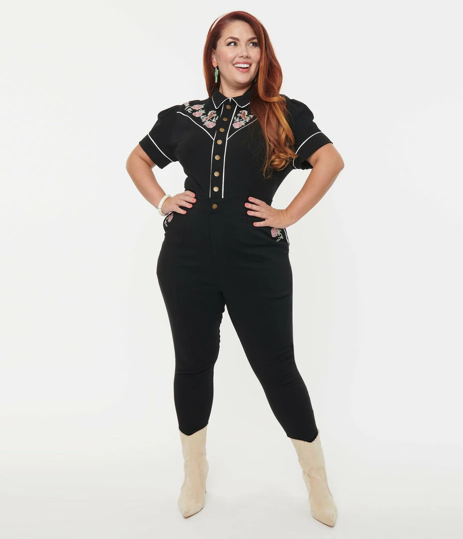 Clothing Unique Vintage Plus Size Black & Embroidered Floral Short Sleeve Jumpsuit