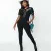 Unique Vintage Black & Embroidered Floral Short Sleeve Jumpsuit Clothing