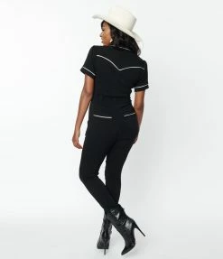 Unique Vintage Black & Embroidered Floral Short Sleeve Jumpsuit Clothing