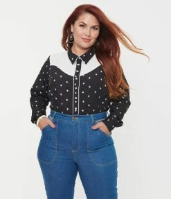Unique Vintage Plus Size Black & White Star Print Western Blouse
