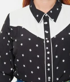 Unique Vintage Plus Size Black & White Star Print Western Blouse
