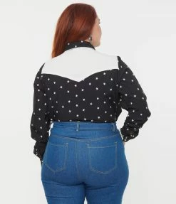 Unique Vintage Plus Size Black & White Star Print Western Blouse