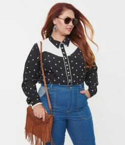 Unique Vintage Plus Size Black & White Star Print Western Blouse