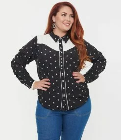 Unique Vintage Plus Size Black & White Star Print Western Blouse
