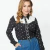 Unique Vintage Black & White Star Print Western Blouse