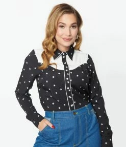 Unique Vintage Black & White Star Print Western Blouse