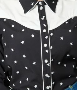 Unique Vintage Black & White Star Print Western Blouse