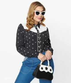 Unique Vintage Black & White Star Print Western Blouse