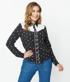 Unique Vintage Black & White Star Print Western Blouse