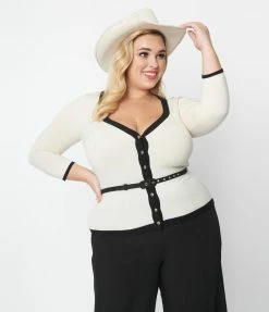 Unique Vintage Plus Size Cream & Cowgirl Belted Cardigan Clothing