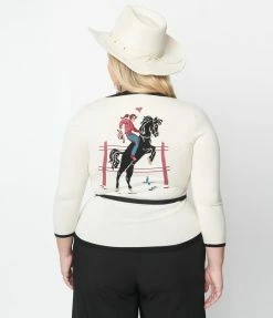 Unique Vintage Plus Size Cream & Cowgirl Belted Cardigan Clothing