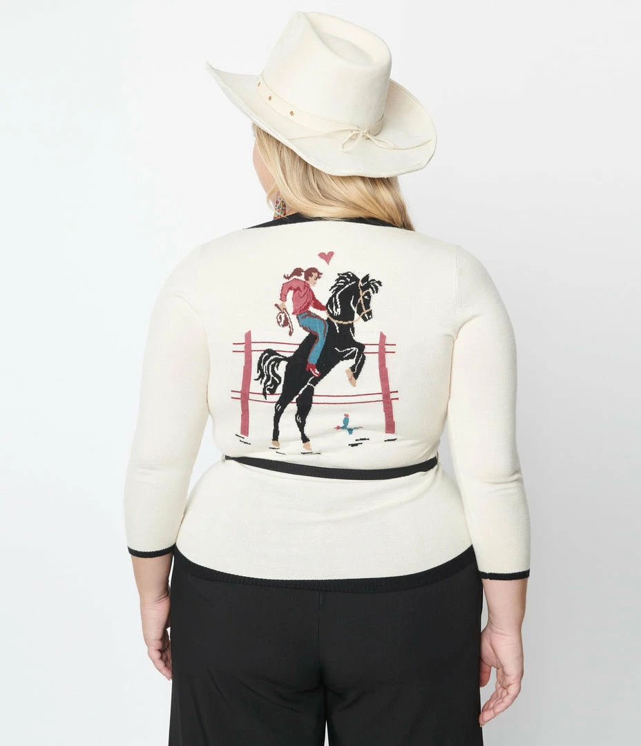 Unique Vintage Plus Size Cream & Cowgirl Belted Cardigan Clothing