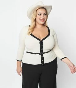 Unique Vintage Plus Size Cream & Cowgirl Belted Cardigan Clothing