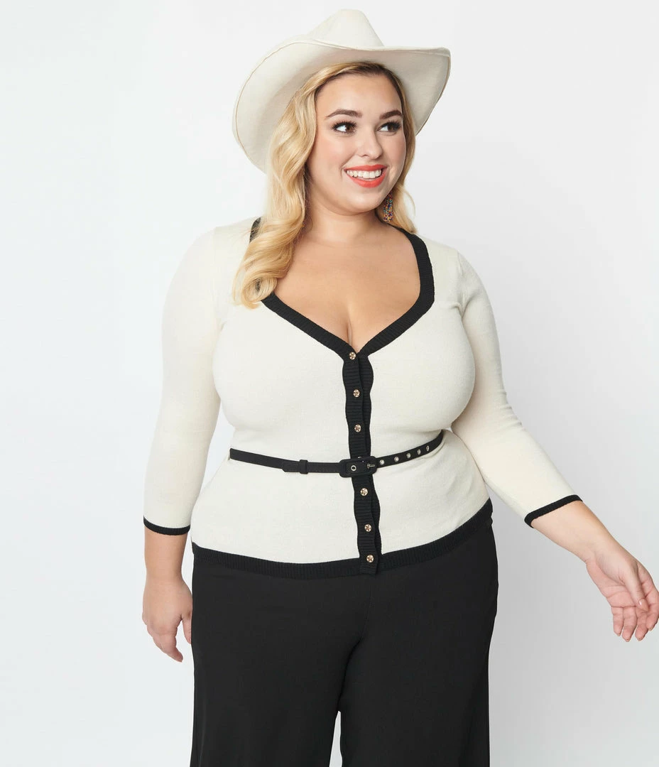 Unique Vintage Plus Size Cream & Cowgirl Belted Cardigan Clothing