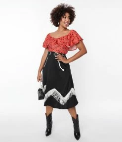 Unique Vintage Black & Red Bandana Print Swing Dress Clothing