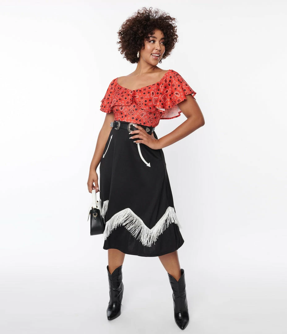 Unique Vintage Black & Red Bandana Print Swing Dress Clothing