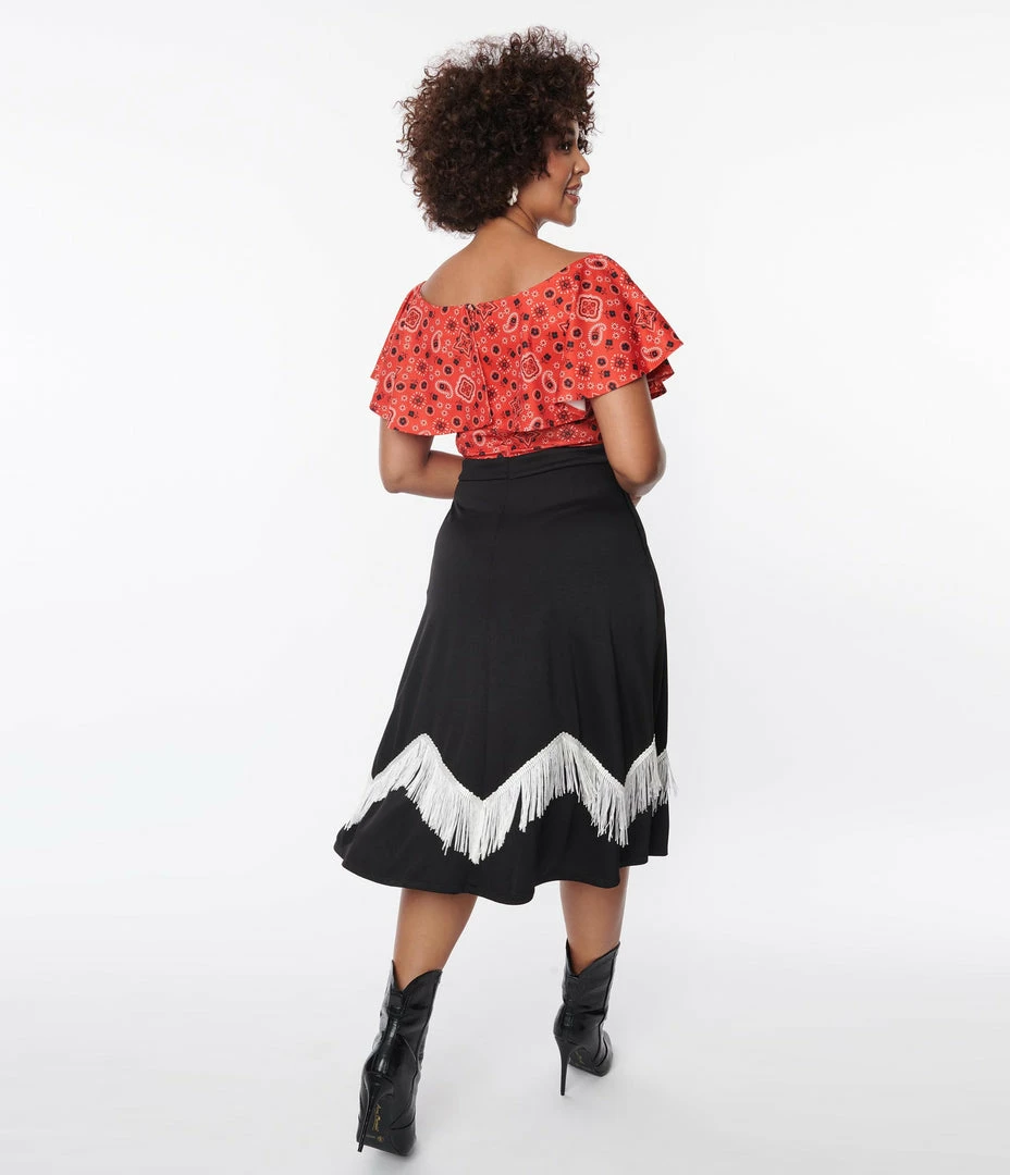 Unique Vintage Black & Red Bandana Print Swing Dress Clothing