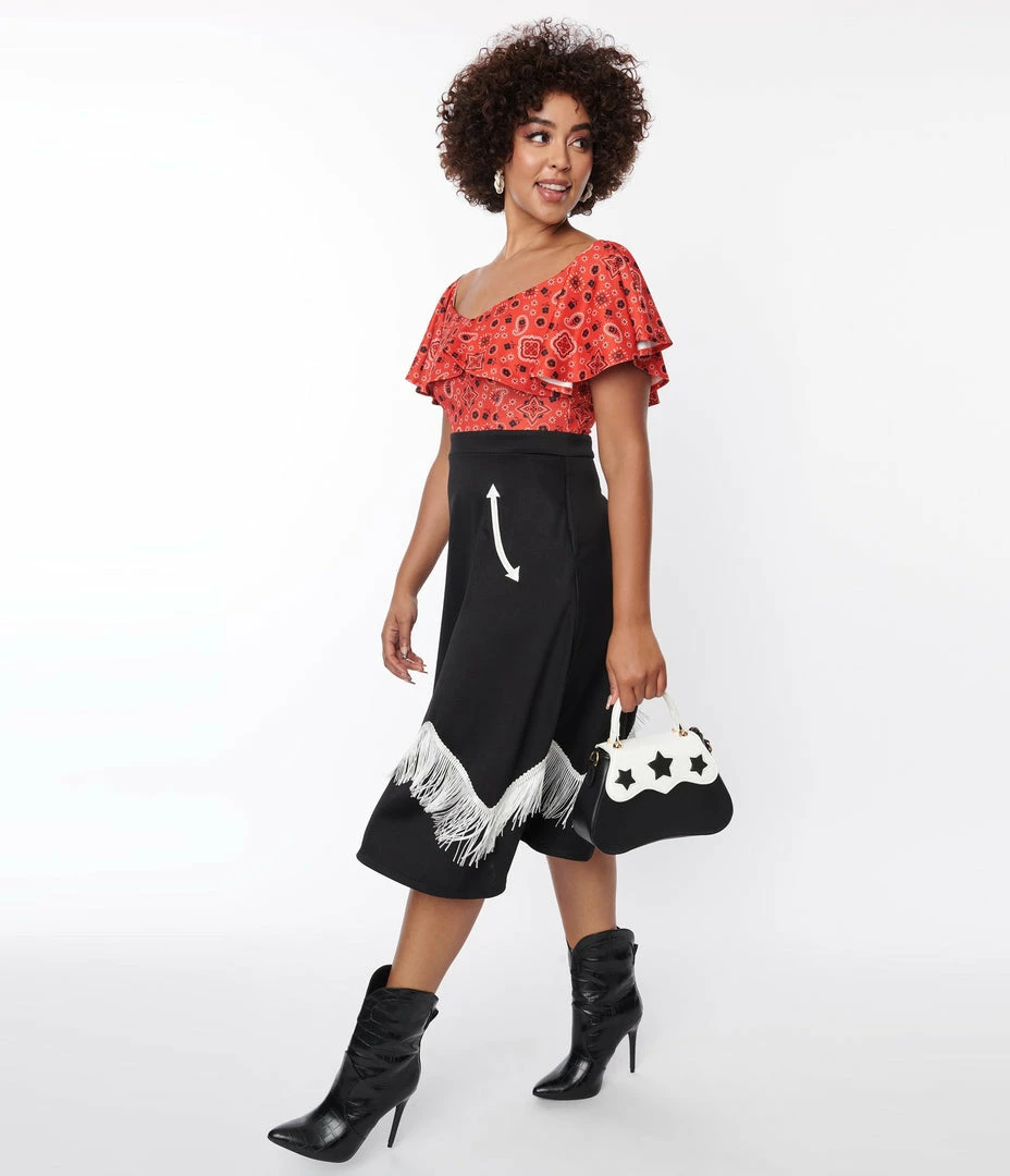 Unique Vintage Black & Red Bandana Print Swing Dress Clothing