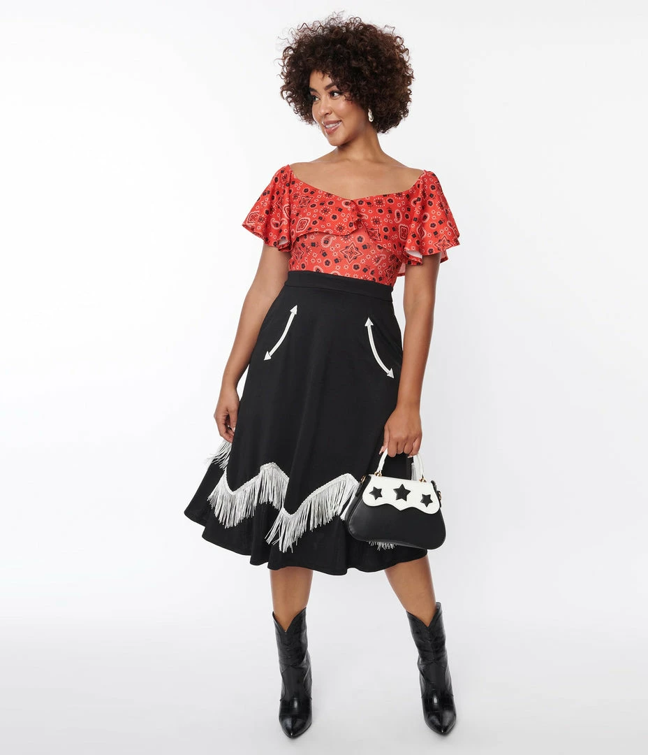 Unique Vintage Black & Red Bandana Print Swing Dress Clothing