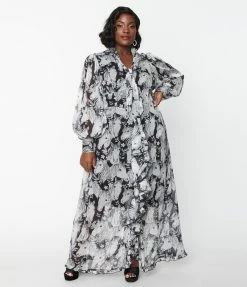 Unique Vintage Plus Size Black & Wild Horses Neck Tie Maxi Dress