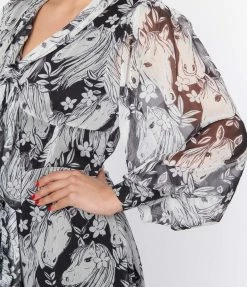 Clothing Unique Vintage Black & Wild Horses Neck Tie Maxi Dress