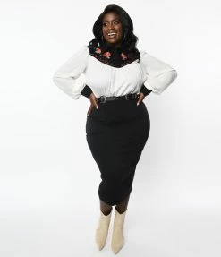 Clothing Unique Vintage Plus Size Black & White Western Floral Yoke Wiggle Dress