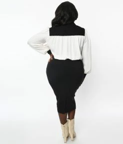 Clothing Unique Vintage Plus Size Black & White Western Floral Yoke Wiggle Dress