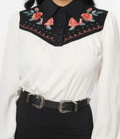 Clothing Unique Vintage Black & White Western Floral Yoke Wiggle Dress