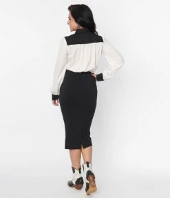 Clothing Unique Vintage Black & White Western Floral Yoke Wiggle Dress