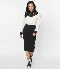 Clothing Unique Vintage Black & White Western Floral Yoke Wiggle Dress