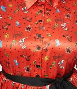 Clothing Unique Vintage Plus Size Rust Red & Western Print Shirtdress
