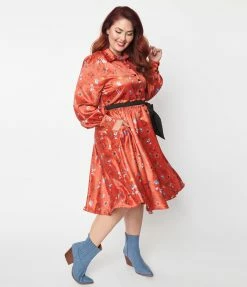 Clothing Unique Vintage Plus Size Rust Red & Western Print Shirtdress