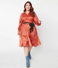 Clothing Unique Vintage Plus Size Rust Red & Western Print Shirtdress