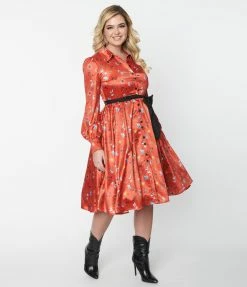 Unique Vintage Rust Red & Western Print Shirtdress