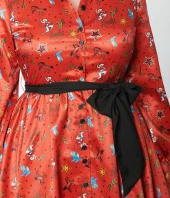 Unique Vintage Rust Red & Western Print Shirtdress