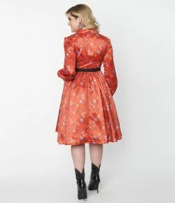Unique Vintage Rust Red & Western Print Shirtdress