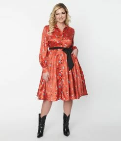 Unique Vintage Rust Red & Western Print Shirtdress