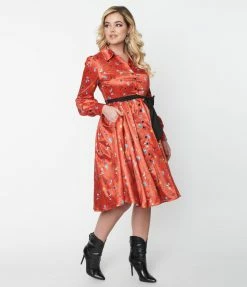Unique Vintage Rust Red & Western Print Shirtdress