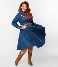 Unique Vintage Plus Size Denim Western Shirt Swing Dress Clothing