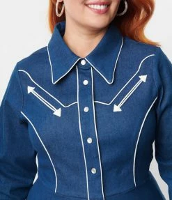 Unique Vintage Plus Size Denim Western Shirt Swing Dress Clothing