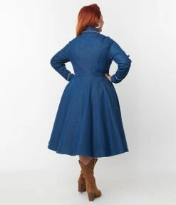 Unique Vintage Plus Size Denim Western Shirt Swing Dress Clothing